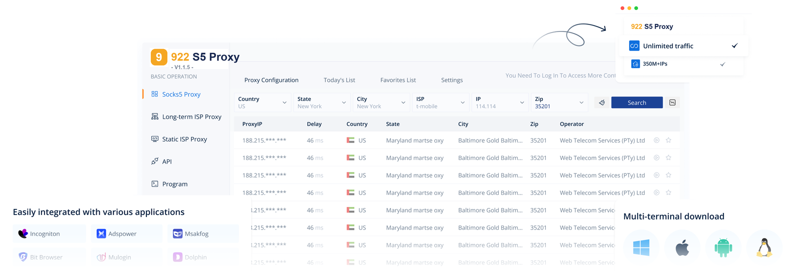 922 Proxy Windows client showing the SOCKS5 proxy list with country, city, ISP and ZIP filters